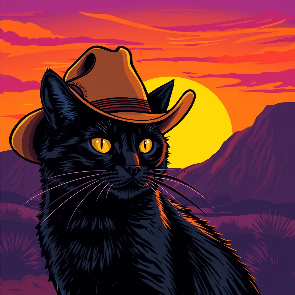 “a black cat wearing a cowboy hat, sunset background, pop art”